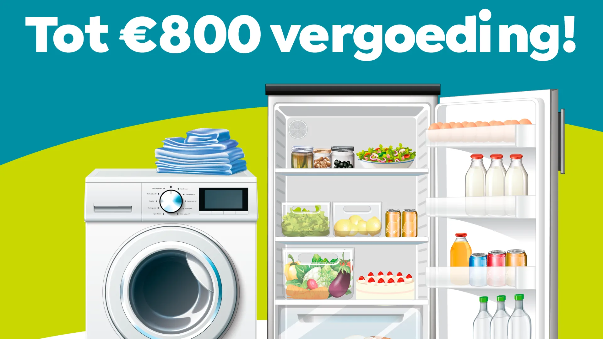 Afbeelding van de witgoedregeling van Gemeente Tynaarlo met tekst over een vergoeding tot €800 voor een nieuwe wasmachine of koelkast.