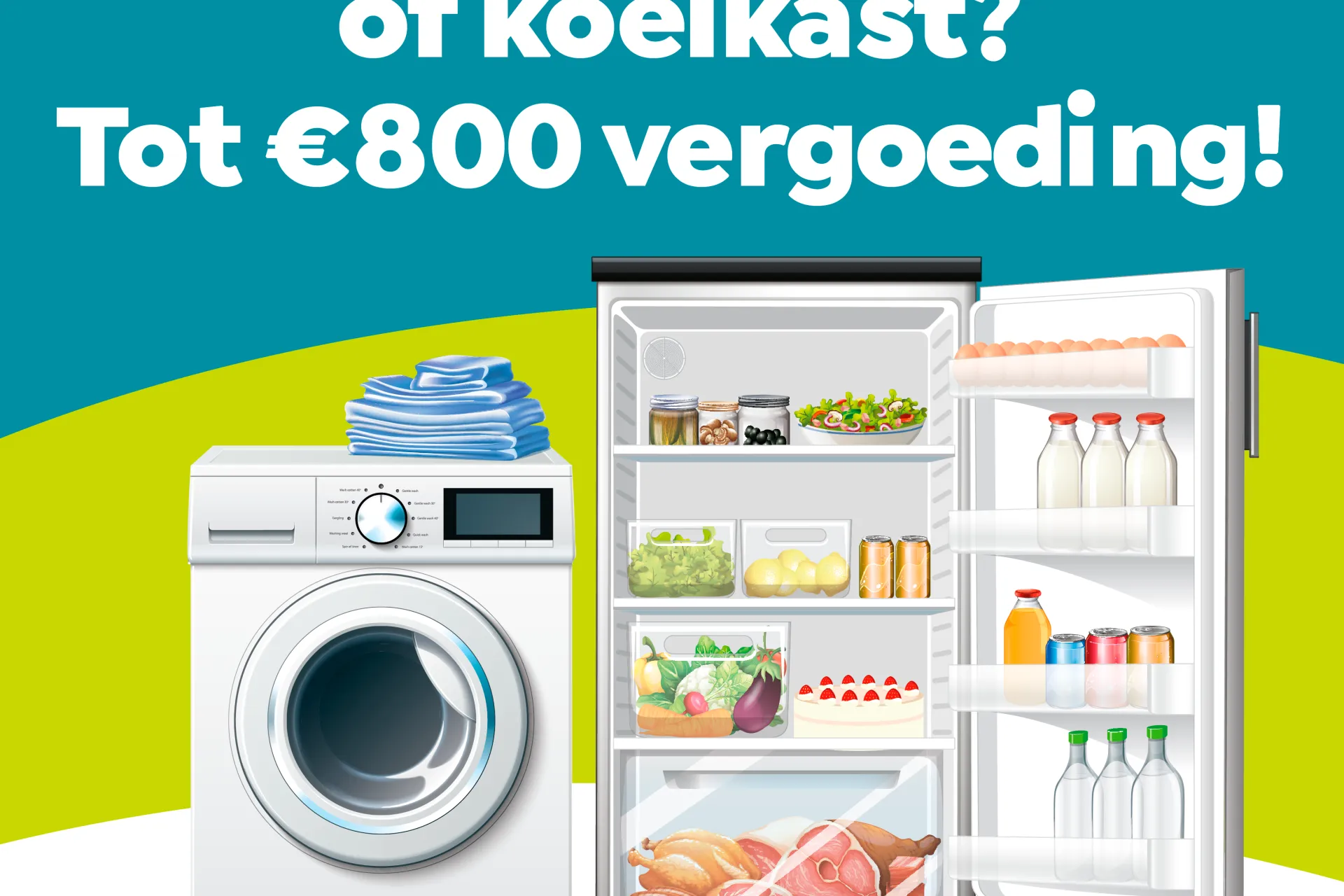 Afbeelding van de witgoedregeling van Gemeente Tynaarlo met tekst over een vergoeding tot €800 voor een nieuwe wasmachine of koelkast.